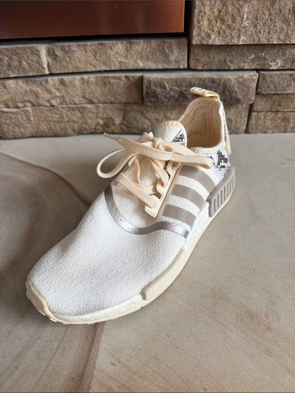 Women’s Adidas Beige Neutral Athletic Sneakers with snake skin detail